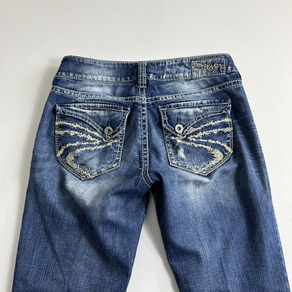 Silver Jeans Size 29x32 Bootcut Distressed Suki Surplus Flap Pocket Low Rise - Picture 9 of 11
